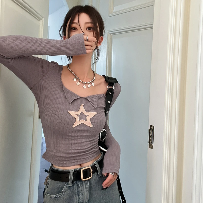 Серая футболка с квадратным вырезом и длинным рукавом в виде звезды, женская приталенная Винтажная повседневная универсальная короткая футболка, топы-пуловеры в стиле хип-хоп Y2K.