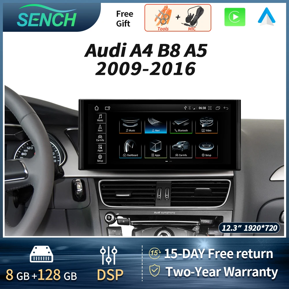 10.25 Прямоугольный Автомобильный плеер с системой Android 12 для Audi A4 B8 A5 2009-2016 WIFI BT SIM GPS USB Беспроводной Carplay DSP