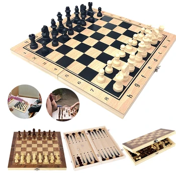 Портативная шахматная доска 3 В 1 24 * 24 см, Складной Деревянный Портативный Шахматный набор, Многофункциональная развлекательная игра-головоломка, Игрушки  5