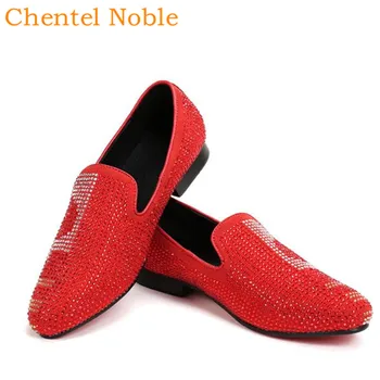 Chentel Noble Manual Bling из хрустальной замши Модные мужские модельные туфли на плоской подошве Красивые повседневные мужские туфли Черно красного цвета  5