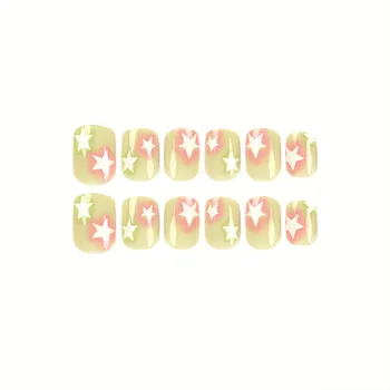 Розово-зеленые накладные квадратные ногти с размазыванием, долговечный безопасный материал, водонепроницаемые накладные ногти для повседневного ношения и вечеринок  10