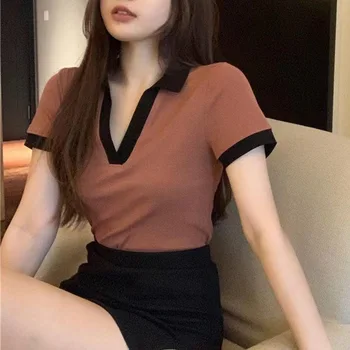 Летняя новая женская лоскутная футболка с V-образным вырезом и короткими рукавами 2023, Корейские топы Ins Sweet Girls Slim  5