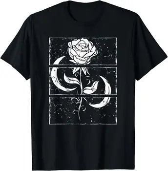 Черная футболка с цветочной розой и Луной для мужчин и женщин с коротким рукавом  0