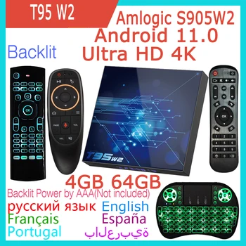 T95 W2 Android 11 Smart TV Box Amlogic S905W2 Четырехъядерный 2G 4GB 16GB 32GB 64GB 2,4G 5G Двойной Wifi BT4.0 4K HDR HK1RBOX Плеер  1