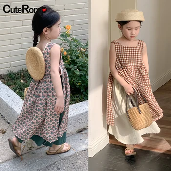 2023 летние платья для девочек в корейском стиле, клетчатый жилет, без рукавов, на шнуровке, одежда для маленьких девочек, vestidos para niñas  10