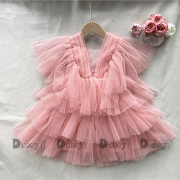 Пыльно-розовое платье для малышей с V-образным вырезом для девочек в цветочек, с оборками на рукавах, свадебный костюм принцессы, праздничное платье, одежда для детей на день рождения  10