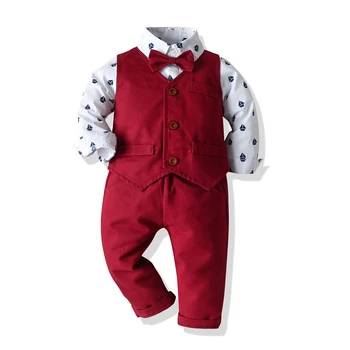 Детская одежда для мальчиков, жилет, официальный костюм для мальчиков, комплект, белая рубашка с принтом, жилет с галстуком-бабочкой, красные брюки, детская одежда для дня рождения от 2 до 5 лет  10