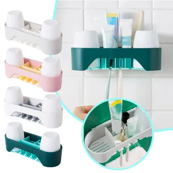 Пластиковый настенный клейкий держатель для зубной щетки для ванной комнаты с 2 чашками  10