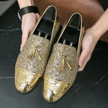 Мужская Свадебная Кожаная Повседневная Обувь С Кисточками, Роскошные Дизайнерские Лоферы С Золотыми Блестками И Острым Носком, Брендовая Модельная Вечерняя Обувь Zapatos Hombre  5
