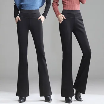 Винтажные брюки-клеш, женские обтягивающие повседневные брюки-клеш с высокой талией, Офисные женские брюки, женские повседневные Универсальные толстые бархатные брюки  4