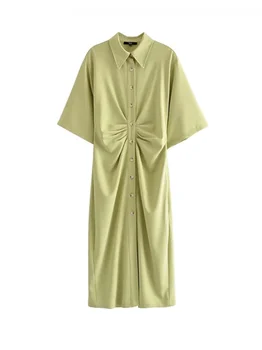 Женское шикарное модное платье-рубашка Миди с драпировкой на пуговицах, винтажные женские платья с коротким рукавом и боковой молнией, платья-рубашки Vestidos  5