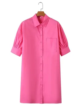 TRAF 2023, летнее новое женское розовое однобортное платье с пышными рукавами и отворотом, свободное прямое платье длиной до колен  5