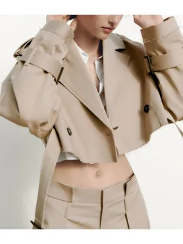 Женская короткая куртка, укороченный тренч цвета хаки, топ с воротником-лацканами, Куртки с длинным рукавом и поясом, женское пальто, Весенняя уличная одежда  5