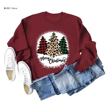 Женский пуловер с длинным рукавом, клетчатые Леопардовые свитшоты с круглым вырезом в виде Рождественской елки  5