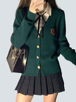 Элегантный весенний Американский кампус, Зеленый вязаный кардиган, пальто, Милый высококачественный свитер в стиле ретро, Женский укороченный кардиган свободного кроя.  5