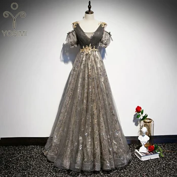 YOSIMI-Женское платье в пол, Короткий рукав, Вышивка Пайетками, Сетка А-силуэта, V-образный вырез, Блестящее, Вечерняя вечеринка, Свадьба, Лето  5