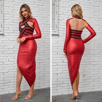 Красное женское тонкое длинное платье 2023, элегантное модное бандажное платье с открытой шеей, нерегулярное праздничное платье знаменитостей  4