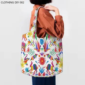 Изготовленная на Заказ Отоми Народная Мексиканская Художественная Холщовая Хозяйственная Сумка Женская Моющаяся Большой Емкости Продуктовая С Цветочным Рисунком Птиц Shopper Tote Bag  5