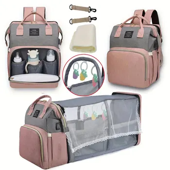 Сумка для подгузников для мамы, рюкзак, чехол для пеленания, москитная сетка для переноски во влажном и сухом состоянии, USB-порт для зарядки, подвесная сумка для коляски Бесплатно  10