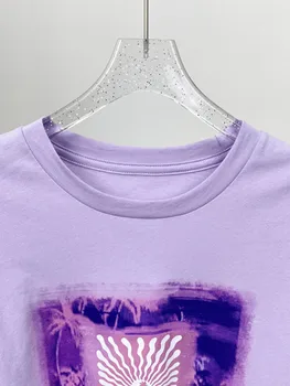 Женская фиолетовая хлопковая футболка с буквенным принтом, свободная повседневная простая футболка для женщин 2024, весна-лето  2