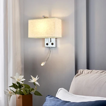 Прикроватный настенный светильник с переключателем интерфейса USB, внутренний настенный светильник, тканевый абажур, Хромированная основа, Гибкий шланг, светодиодный светильник для чтения  5