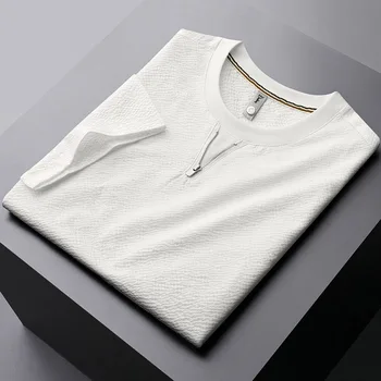 Высококачественная летняя повседневная мужская футболка на молнии с круглым вырезом, трендовая жаккардовая корейская версия ice silk, дышащий короткий рукав  5