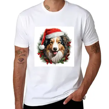 Рождественская футболка с Шетландской овчаркой, короткая футболка, пустые футболки, винтажная одежда, простые белые футболки, мужские  5