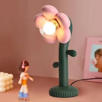 Скандинавские креативные Розовые цветы Для девочек, настольная лампа из смолы, домашний декор, Прикроватная тумбочка для спальни, ночные светильники, Декор настольной лампы для гостиной  5