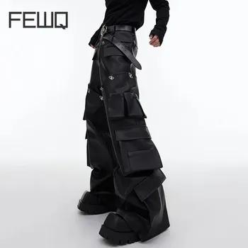 Модные мужские брюки-карго FEWQ с множеством карманов, широкие комбинезоны нишевого дизайна, трехмерная модная одежда, брюки из искусственной кожи 9C2646  10