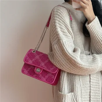 Розово-розовые женские сумки через плечо с замком, Роскошная клетчатая женская маленькая квадратная сумка через плечо, Модный дизайн, Женские сумки-клатчи  10