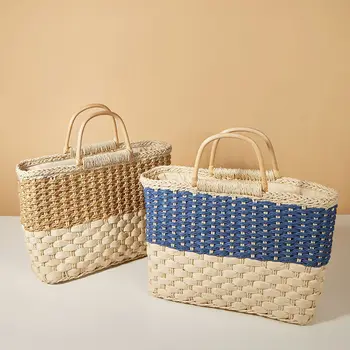Модная популярная корзина для овощей, переносная тканая сумка с диагональным крестом на одно плечо, плетеная сумка из соломы для пикника, женская сумка  5