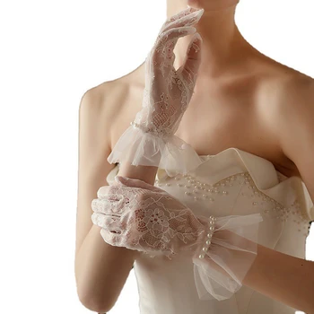 Свадебные перчатки невесты Корейские кружевные прозрачные Перчатки с жемчугом на заказ Французские Изысканные перчатки для платья  10