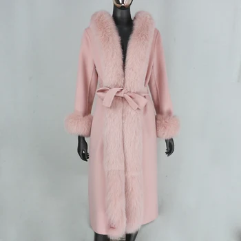 CXFS 2020 Новая Розовая Шуба из смесовой кашемировой шерсти X-long с поясом, Зимняя куртка, Женский воротник из натурального лисьего меха, Уличная одежда с капюшоном  10