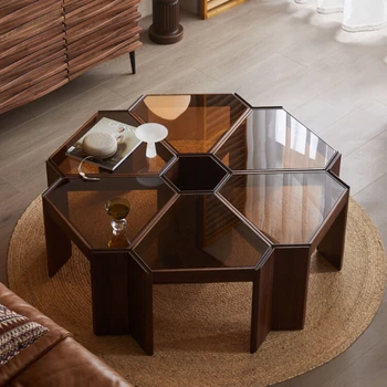 Креативная комбинация чайных столиков из дерева черного ореха в скандинавском современном минималистичном стиле из массива дерева без бокового стекла.  10