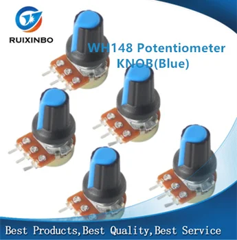 5 комплектов WH148 1K 10K 20K 50K 100K 250K 500K Ом 15 мм 3Pin Линейный Конический Поворотный Потенциометрический Резистор для Arduino с синей крышкой AG2  10