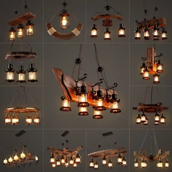 Ретро Промышленные люстры из массива дерева, деревенский ЛОФТ-бар, деревянные подвесные светильники для винтажного домашнего декора, люстра с подсветкой  10